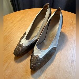 Salvatore Ferragamo Brown and White Leather Heels